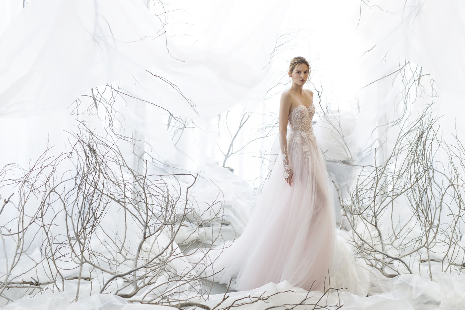 Wedding dress campaign for Mira Zwillinger — bridal photography by Utopia Milano Production, Milan