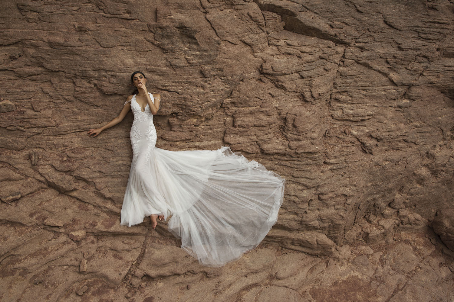 Wedding dress campaign for Pnina Tornai “Desert” — bridal photography by Utopia Milano Production, Milan