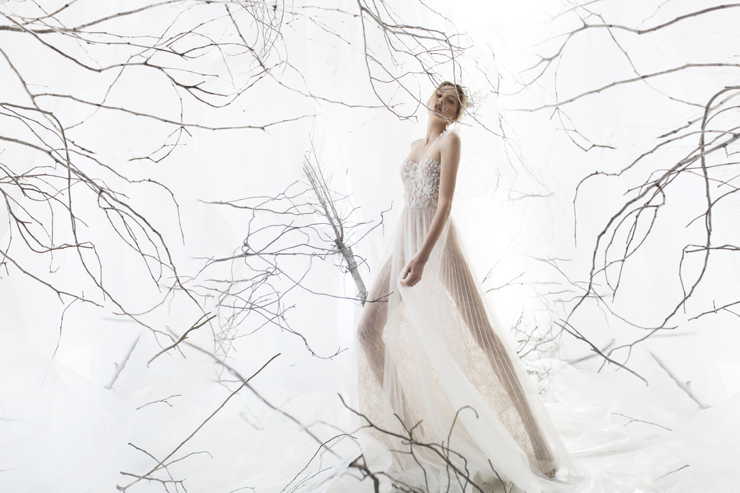Wedding dress campaign for Mira Zwillinger — bridal photography by Utopia Milano Production, Milan